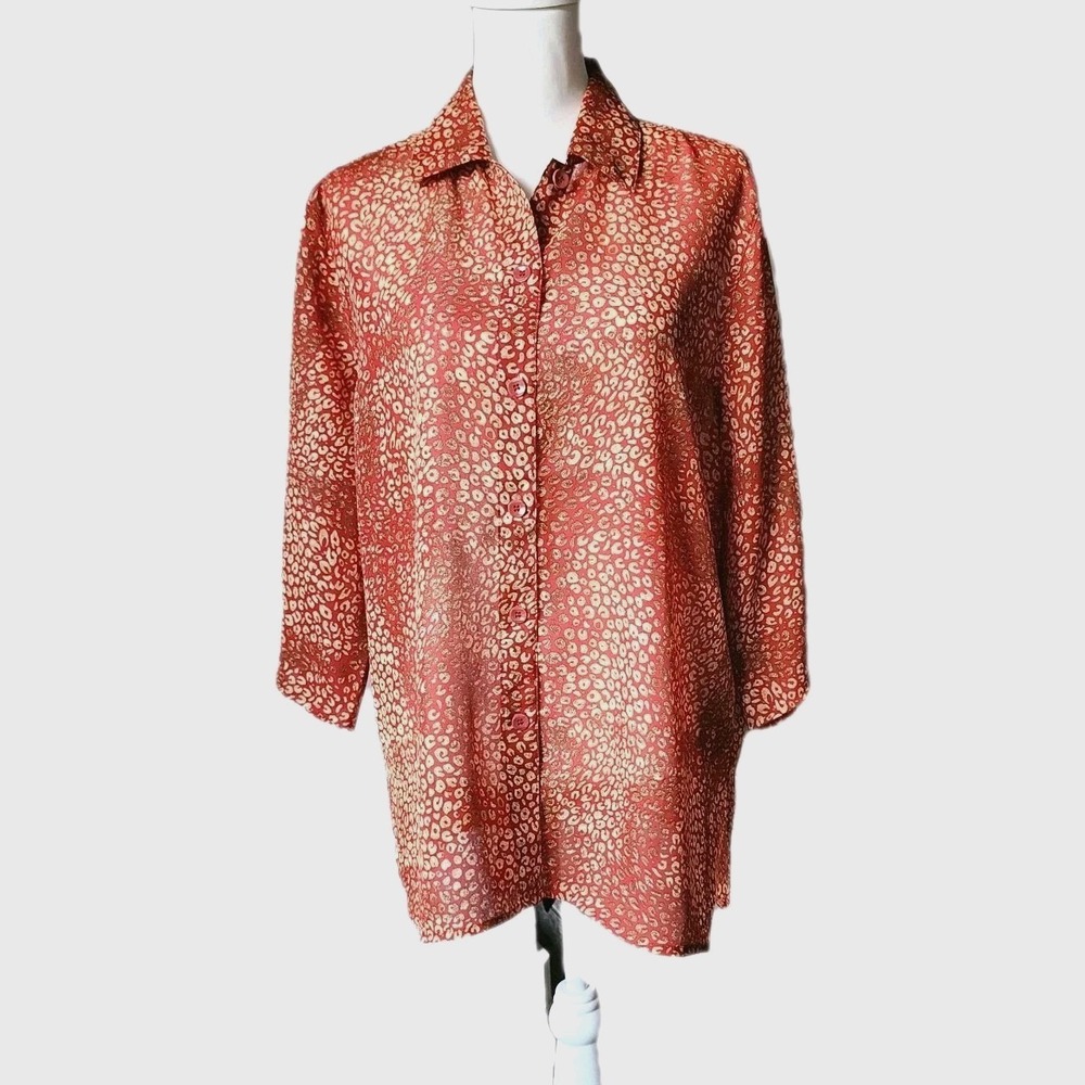 Draper Damons Blouse Top Womens PXL Paisley Sheer 3/4 Sleeve Button Down Office